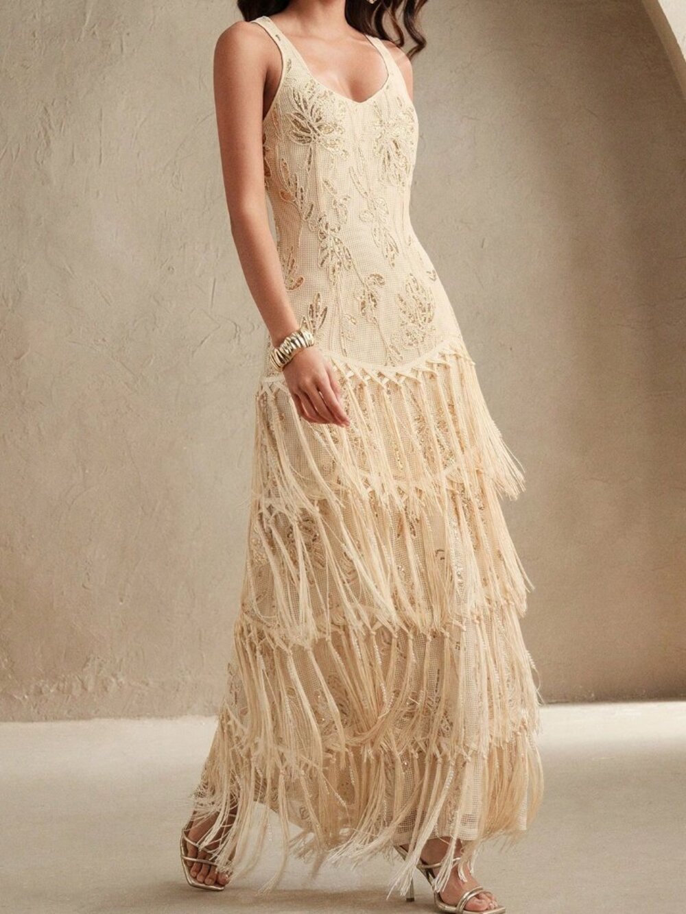 Apricot Elegant Women's Embroidered Tassel Textured Sequin Detail Maxi Dress - Picture 5 of 5